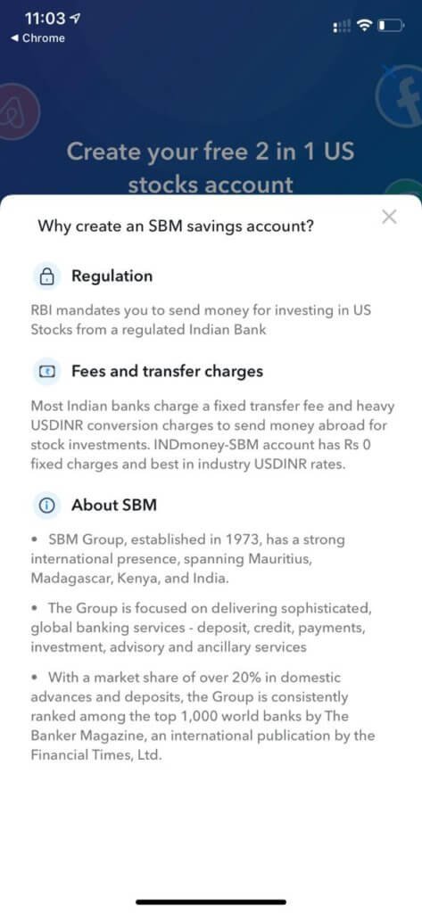 INDMoney App review: creating SBM Account for investing in US Market.