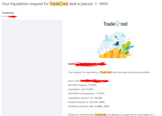 TradeCred Review: Deal investment liquidation email.